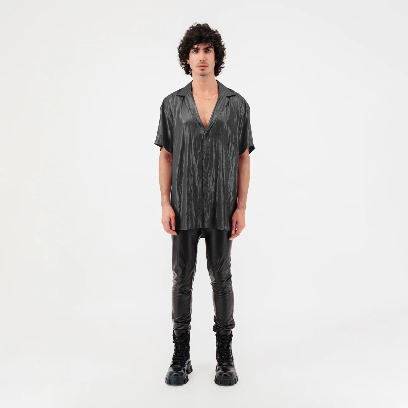 Satin Button Up Short Sleeve Shirt
