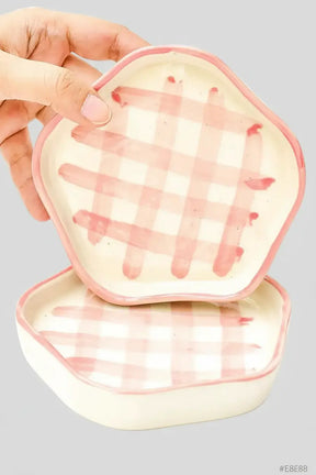 Ceramic Gingham Coasters - Pink Checkered , 4.7 Inches