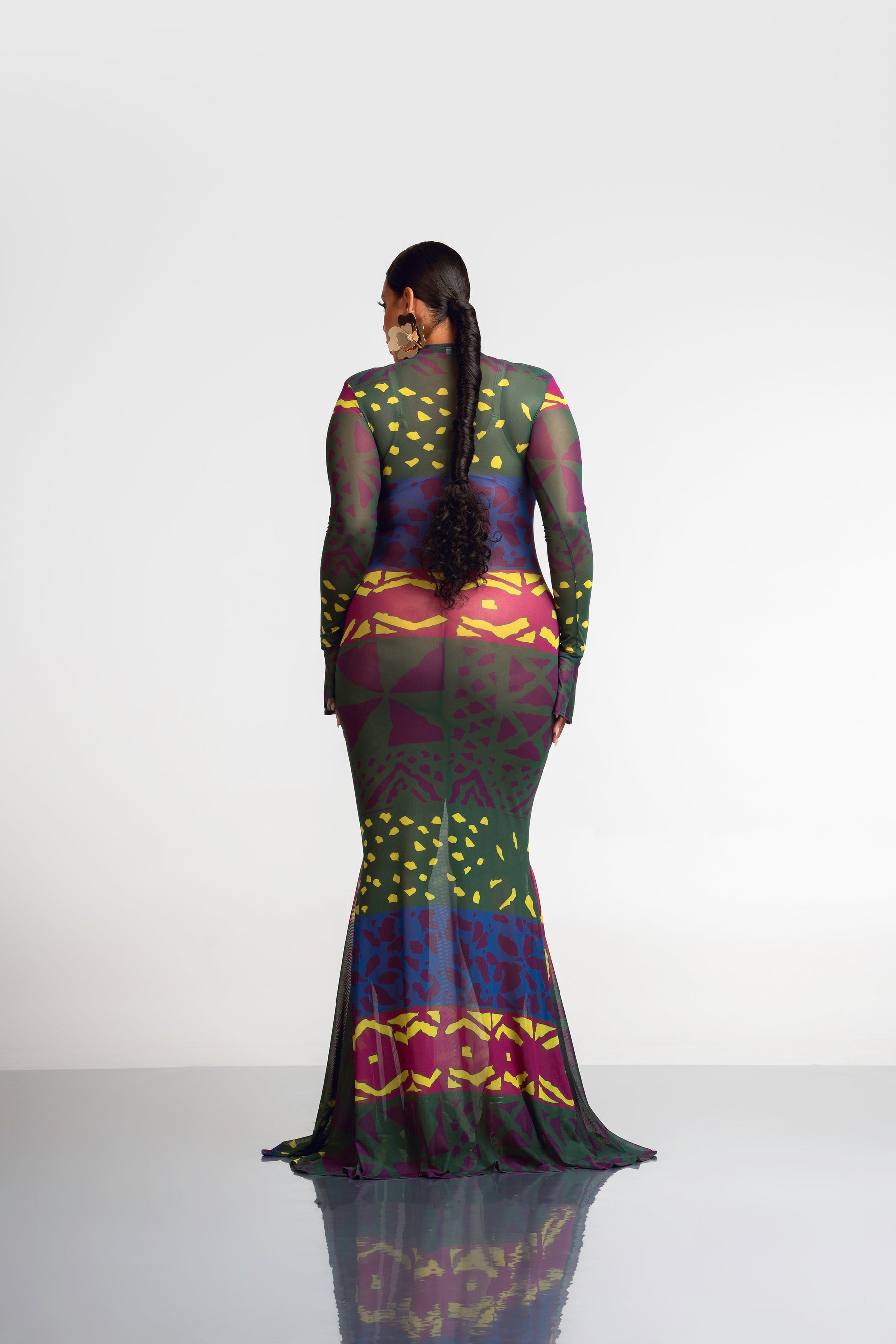 ANU GREEN LONG SLEEVE MAXI MESH DRESS