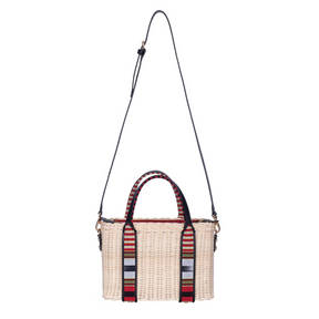 Woven Straw Handbag with Black Leather Trimmed Handles