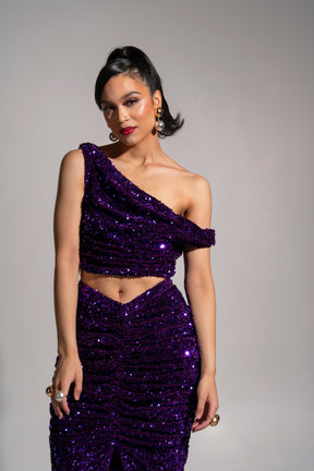 JESS Sequin Cowl Crop Top in AMETHYST
