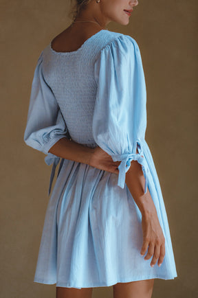 Jolie Puff Sleeve Linen Mini Dress  - Ciel