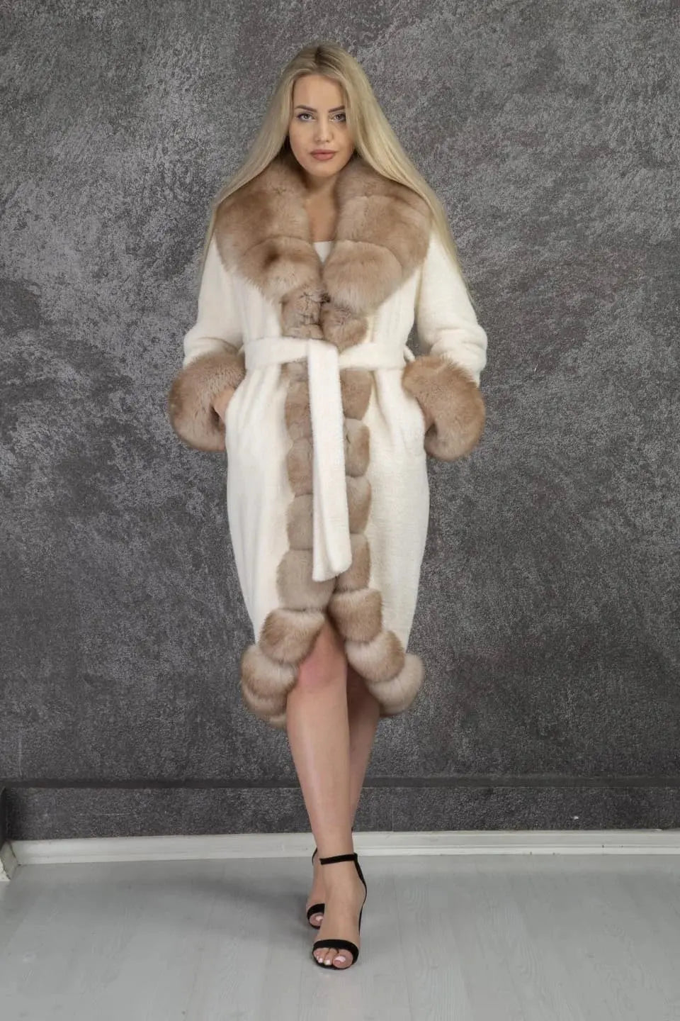Opulent Llama and Fox Fur Belted Coat