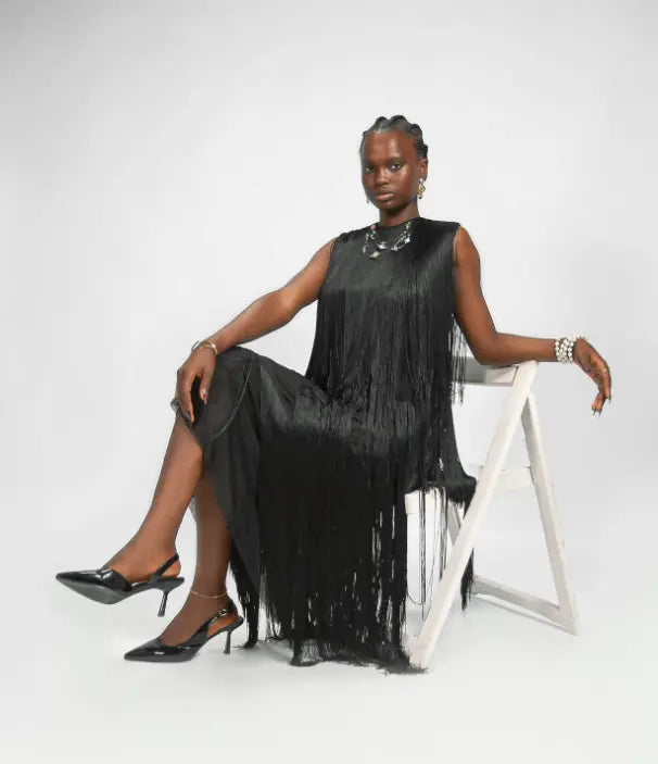 Ajah New Collection Drop2-Hand-Layered Fringe Mesh Dress