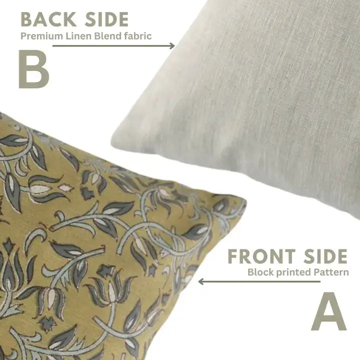 Natural Block Print Linen Blend Pillow Cover - Kamal Dutta