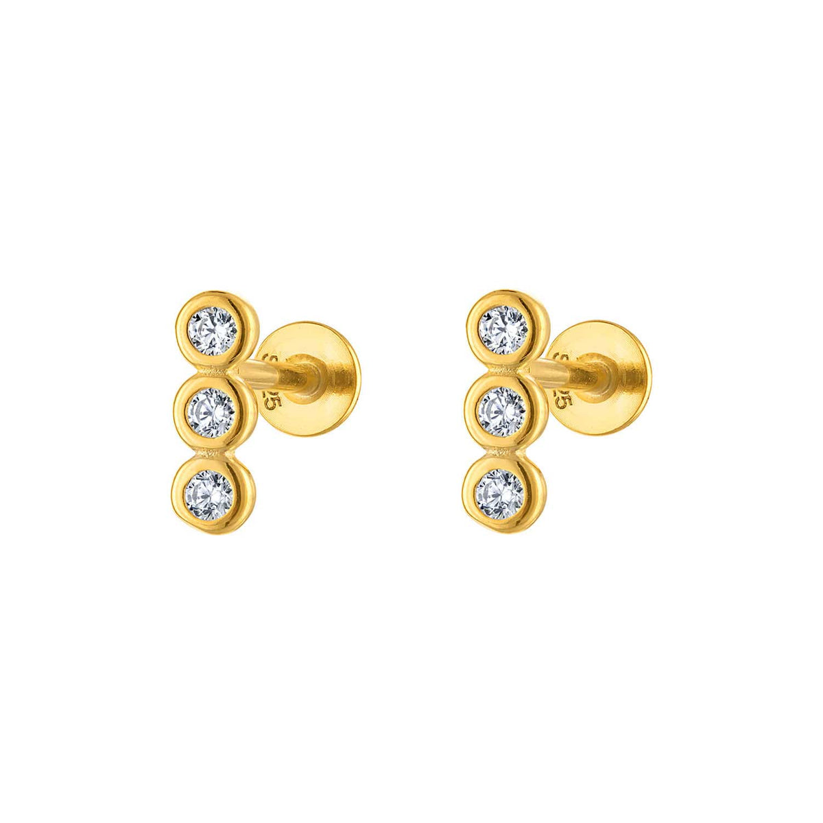 Triple Round Flatback Earring Stud Gold