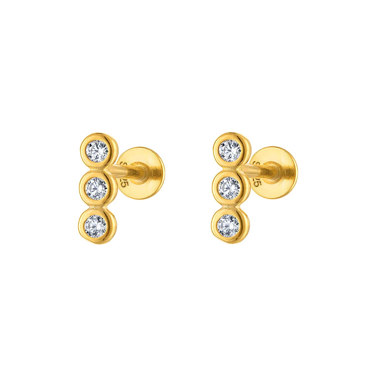 Triple Round Flatback Earring Stud Gold