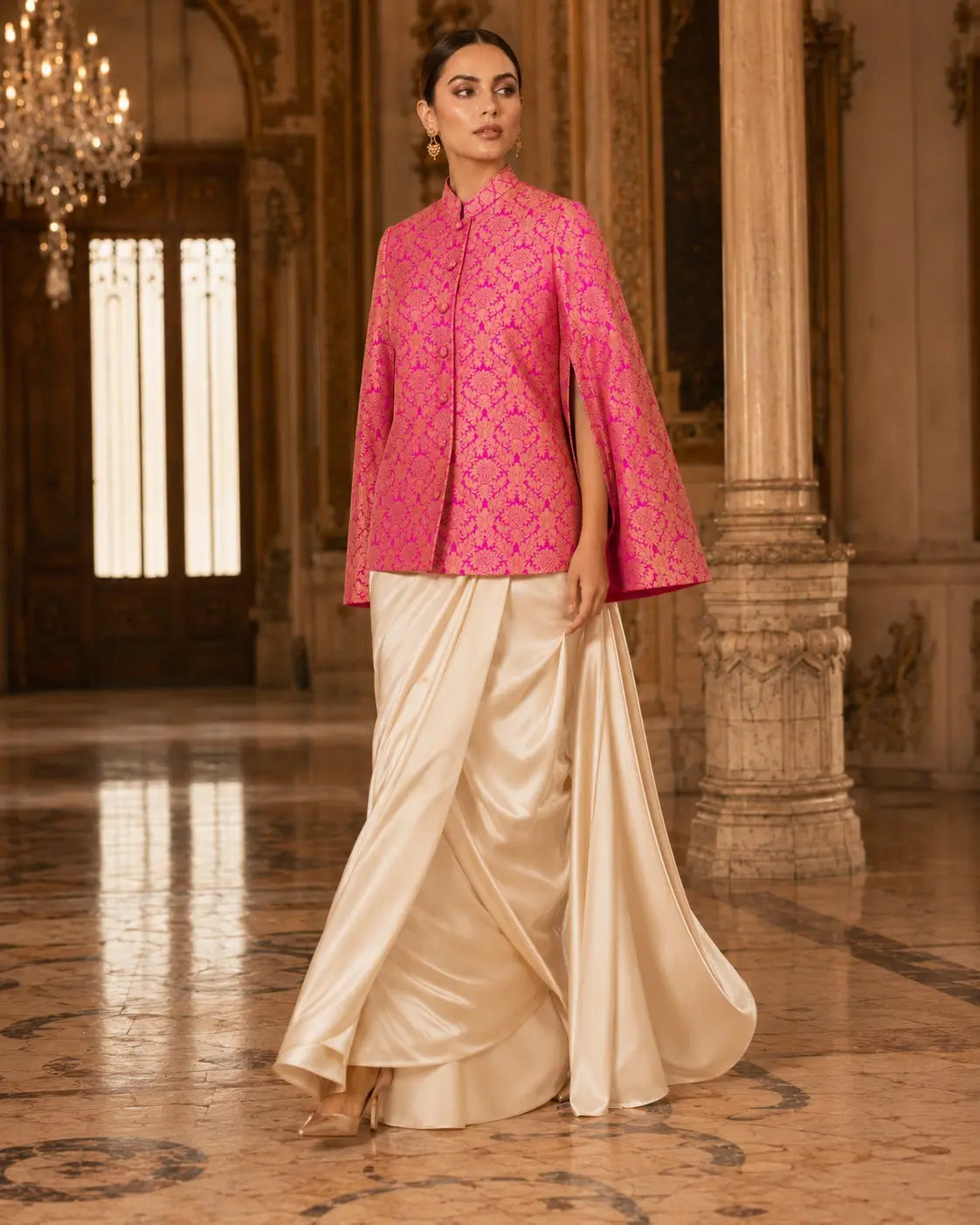 Jodha Banarasi Jacket: Women's Fuchsia Gold Floral Indowestern Wear
