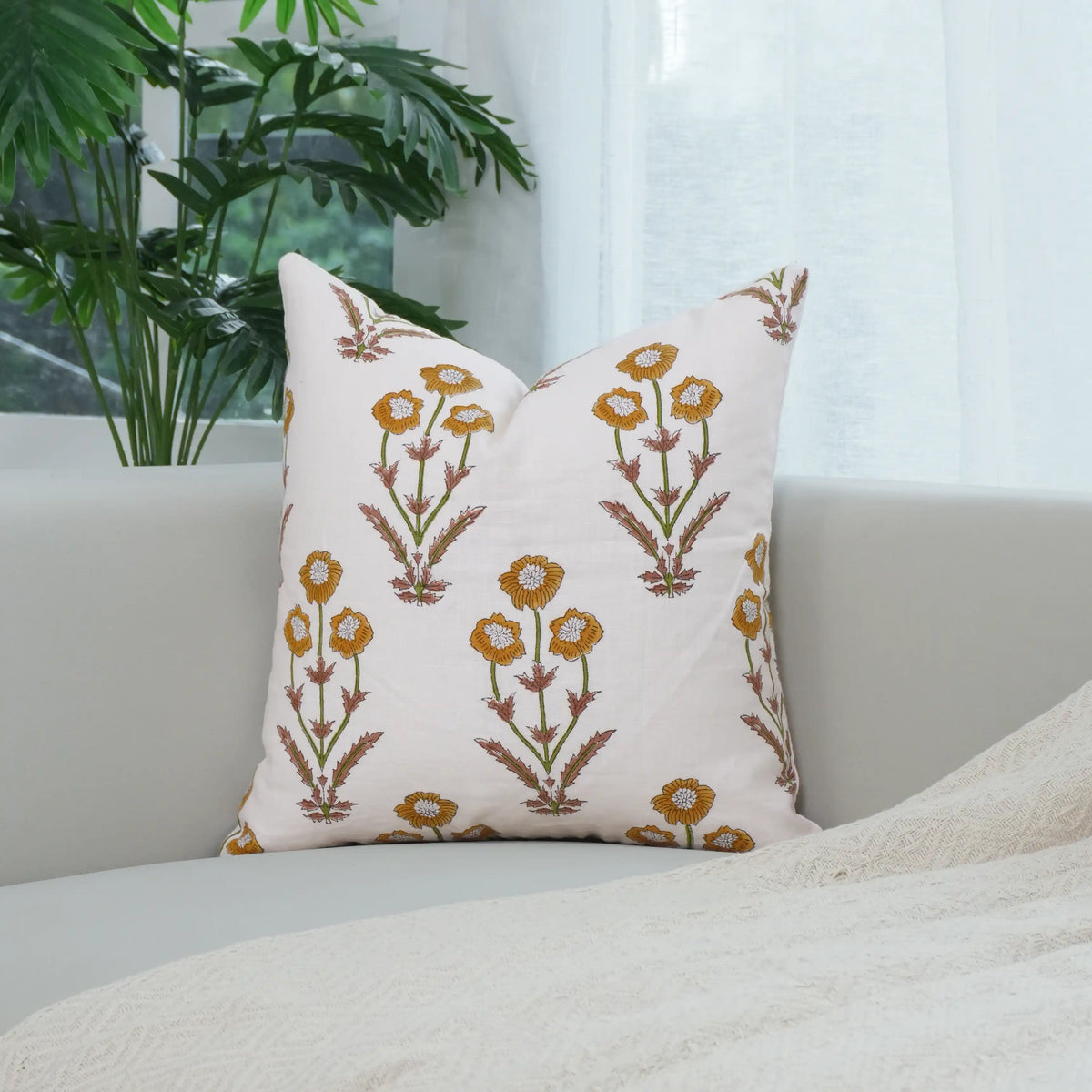 Boho Floral Block Print Pure Linen Pillow Cover - Amitabh