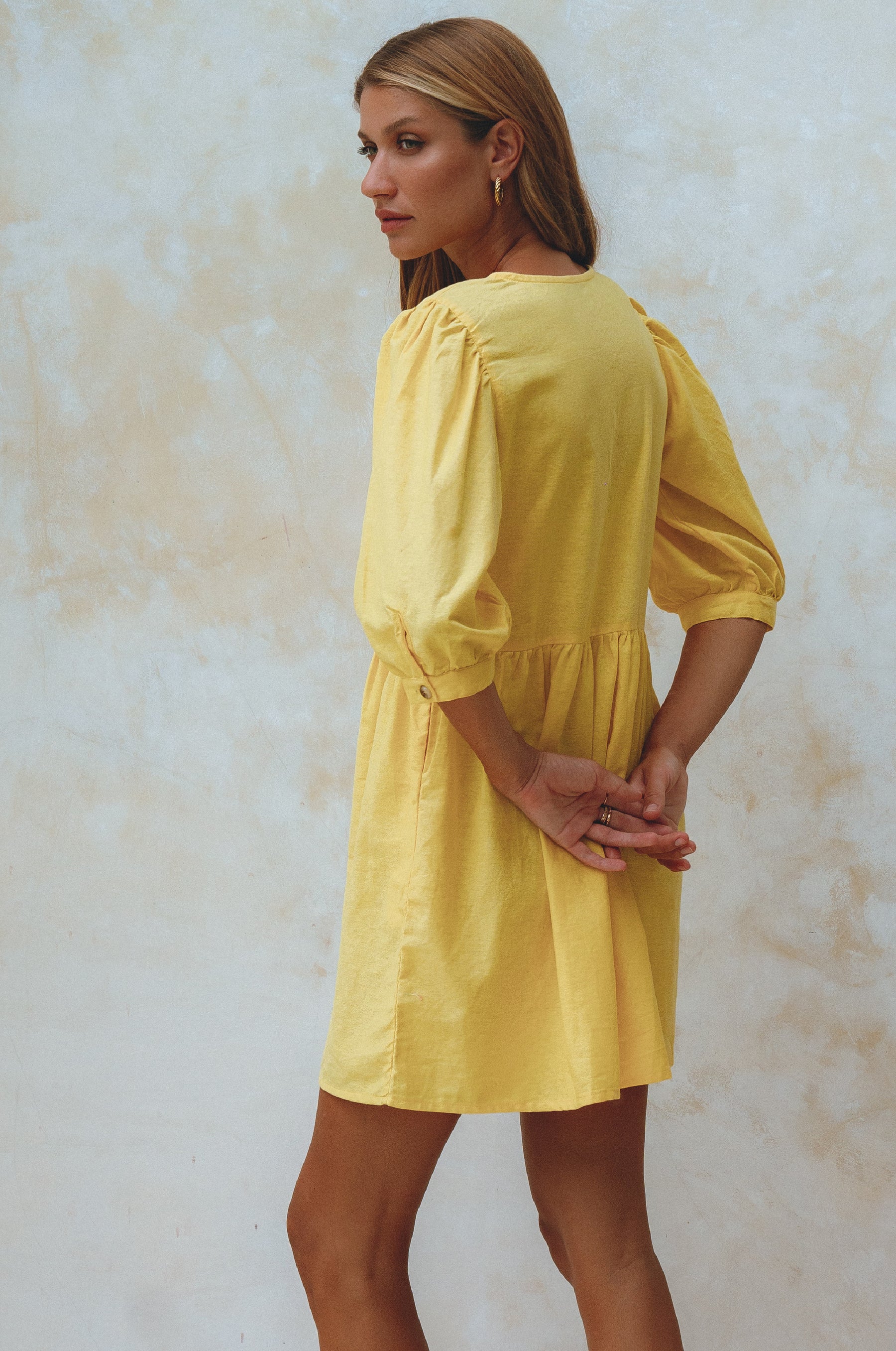 Beatrice Puff Sleeve Linen Mini Dress - Pineapple