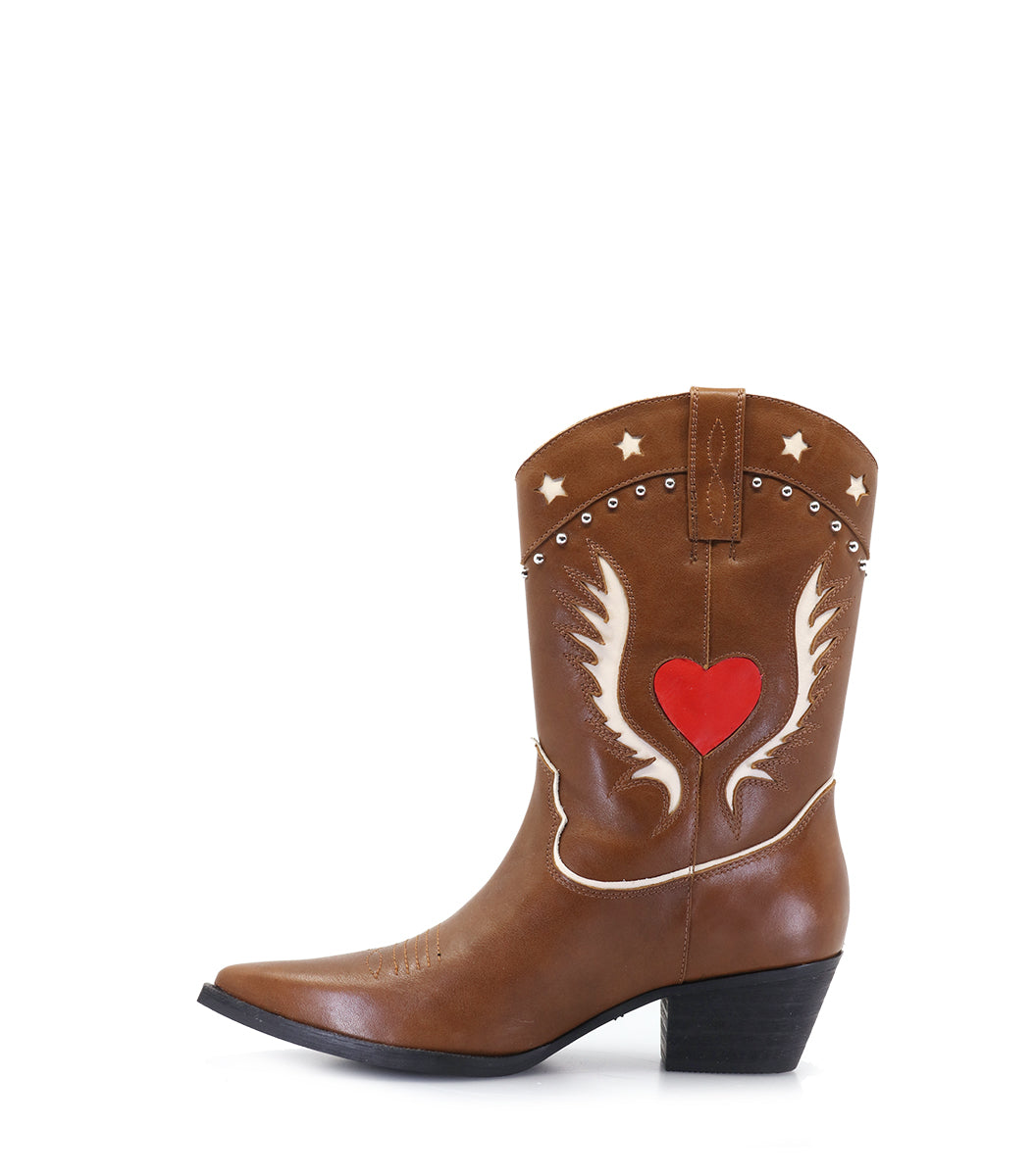 Texas Heart & Star Leather Brown Boots Shirp