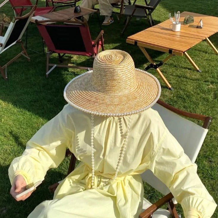 Flat top straw straw hat beach vacation sunshade pearl chain design straw hat for women