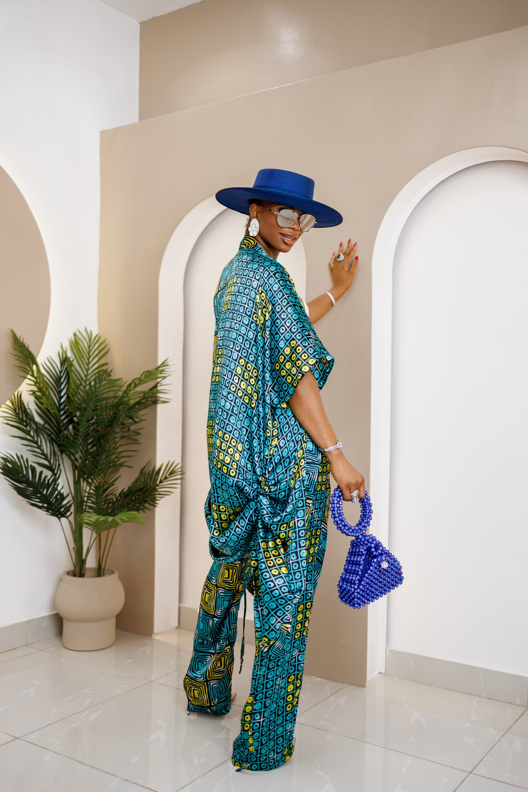 Aniobi Ankara Silk Co-ord Set – Chic African Kimono & Wide-Leg Trousers