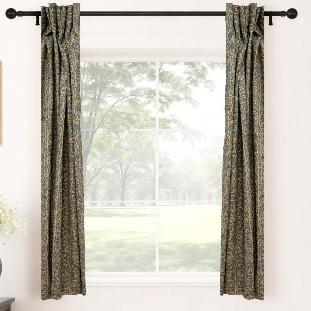 Gray Green Floral Block Print Linen Curtain Handmade Light Filtering Panel - Vanmala