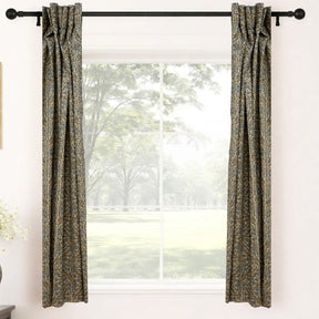 Gray Green Floral Block Print Linen Curtain Handmade Light Filtering Panel - Vanmala
