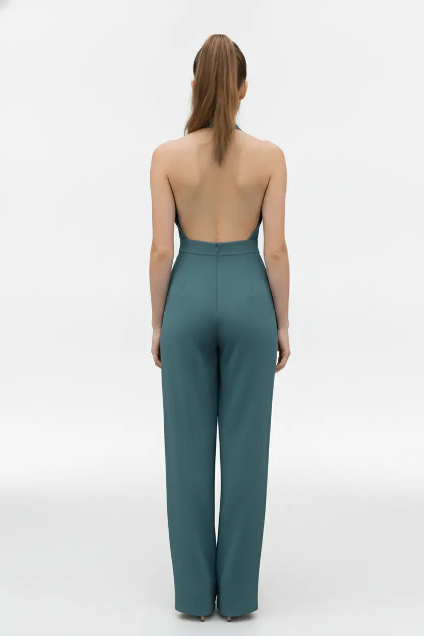 Sea-green Halter Jumpsuit – Gold Brooch