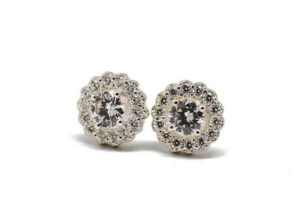 Round Elegant Silver Halo Stud Earrings