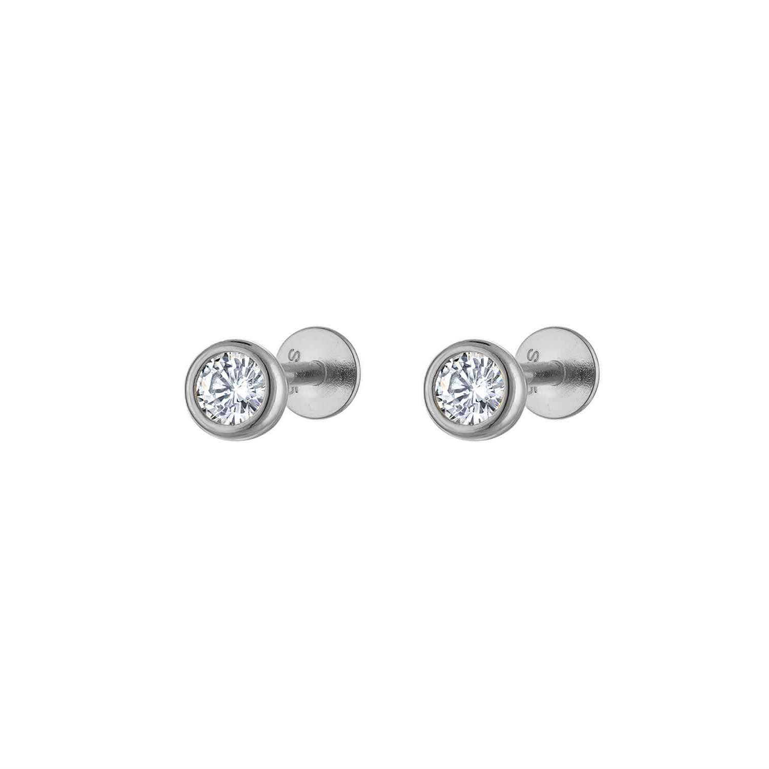 Single Round Pave Flatback Sterling Silver Earring Stud