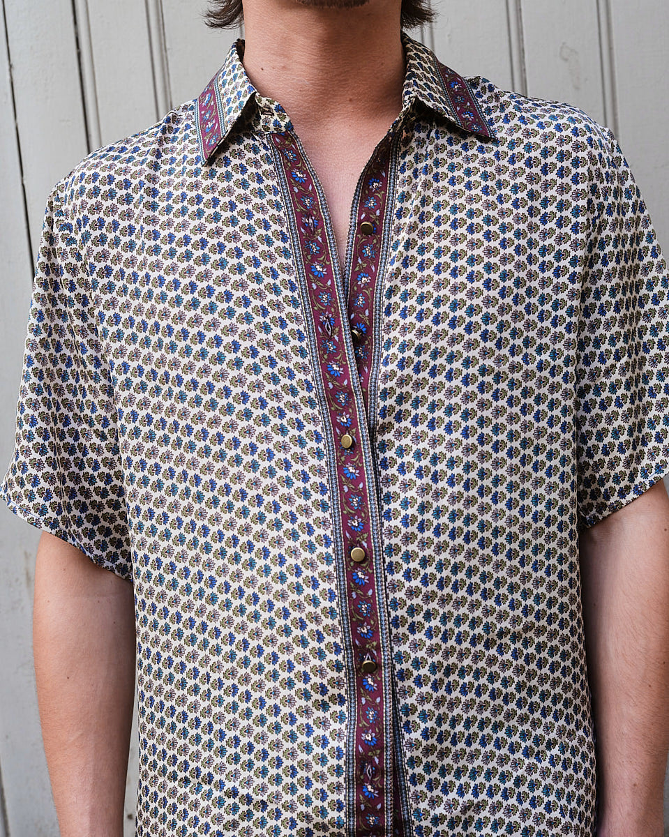 Embossed Botanic Short Sleeve Crepe Shirt - Forest Plum