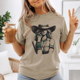 Boho Western Cowgirl Turquoise Jewelry Graphic T-Shirt | Khaki Country Cotton Tee