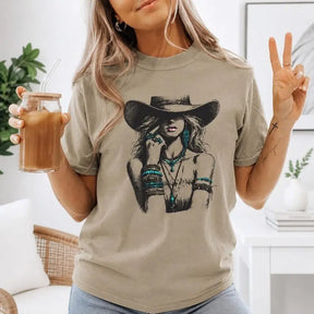 Boho Western Cowgirl Turquoise Jewelry Graphic T-Shirt | Khaki Country Cotton Tee