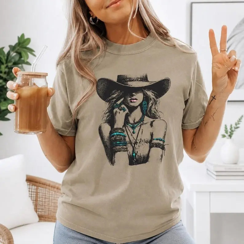 Boho Western Cowgirl Turquoise Jewelry Graphic T-Shirt | Khaki Country Cotton Tee
