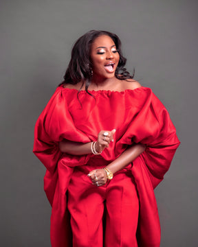2-piece Kese red cape high low and wide leg pant set
