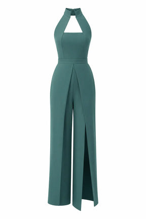 Sea-green High-collar Slit-leg Jumpsuit