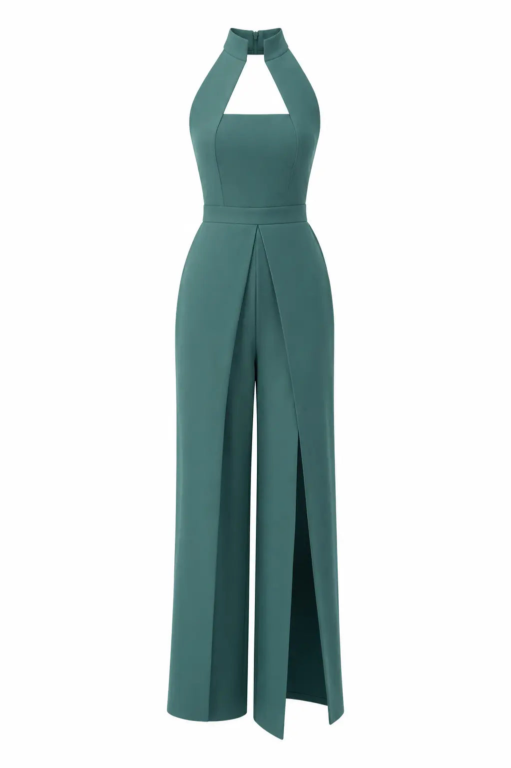 Sea-green High-collar Slit-leg Jumpsuit