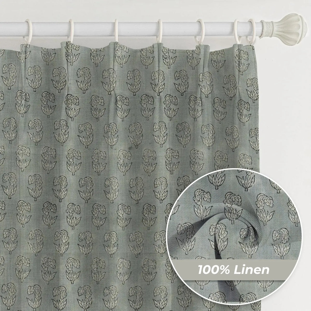 Floral Block Print Pure Linen Pleated Curtain - Superstar