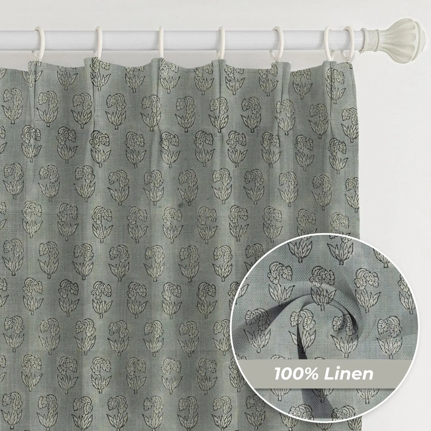 Floral Block Print Pure Linen Pleated Curtain - Superstar