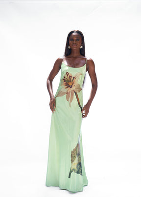 SATIN SLIP DRESS- LIME GREEN MAGNOLIA
