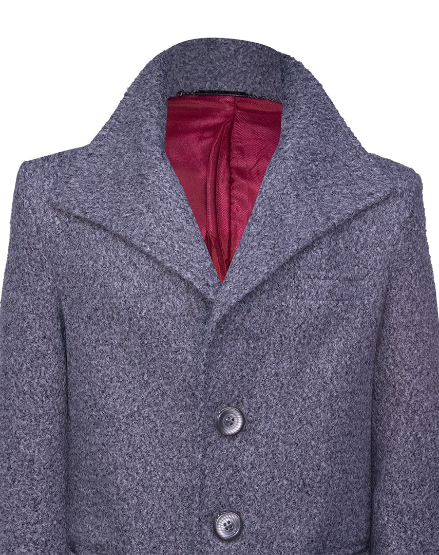 Textured gray coat with oversized lapels