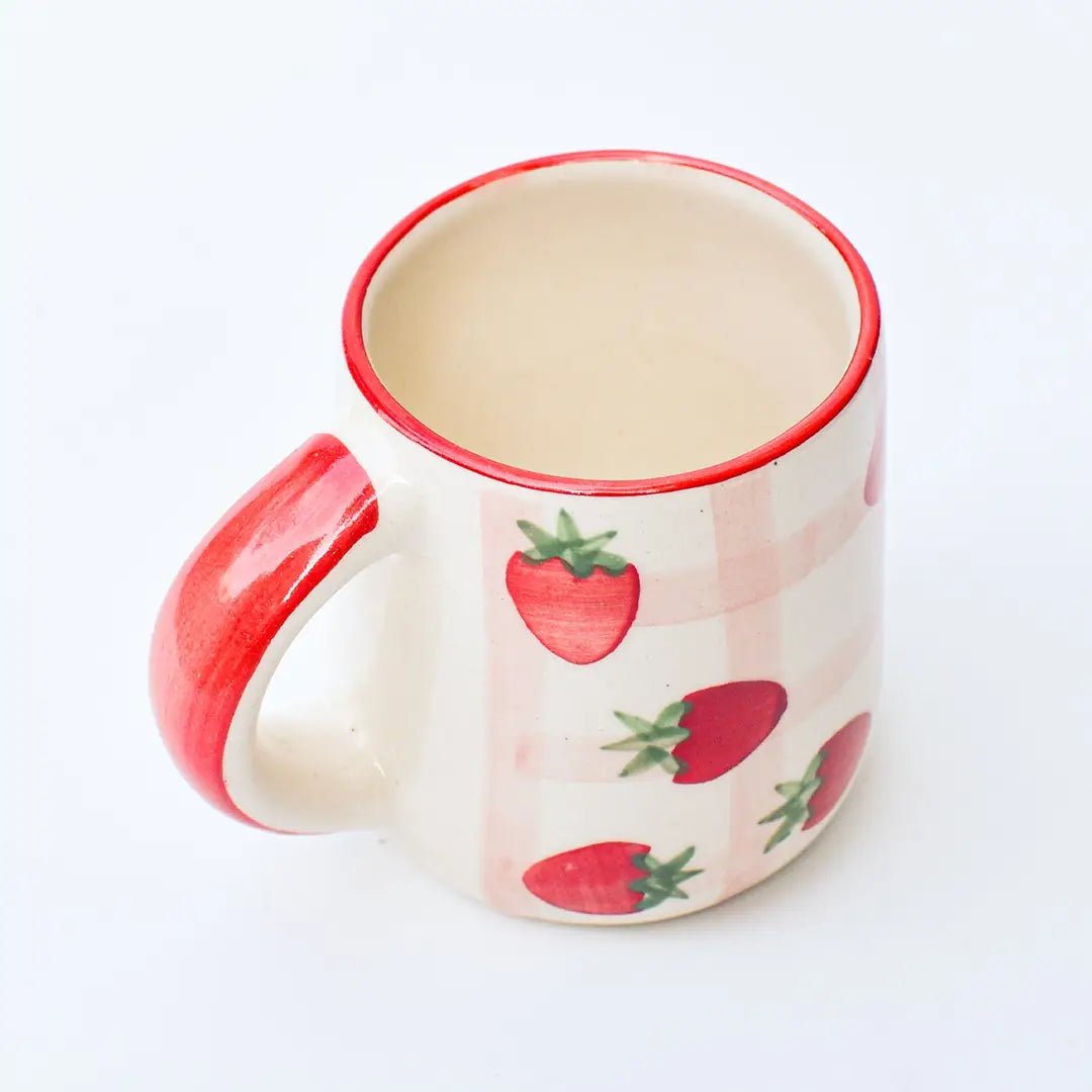 Strawberry Checkered Delight Ceramic Mug - 3.5 x 3 Inches