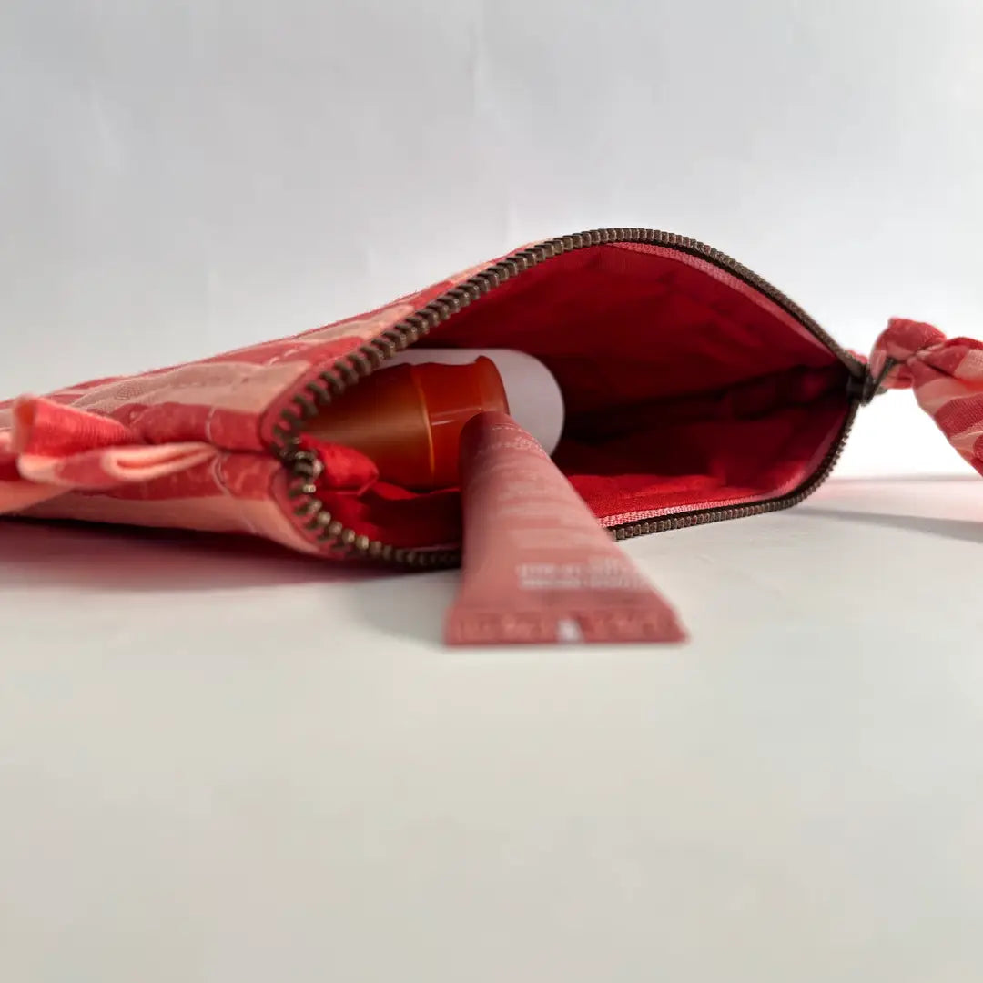 Handmade Quilted Pouch, Pink & Red Stripes - 8 x 5  Inches