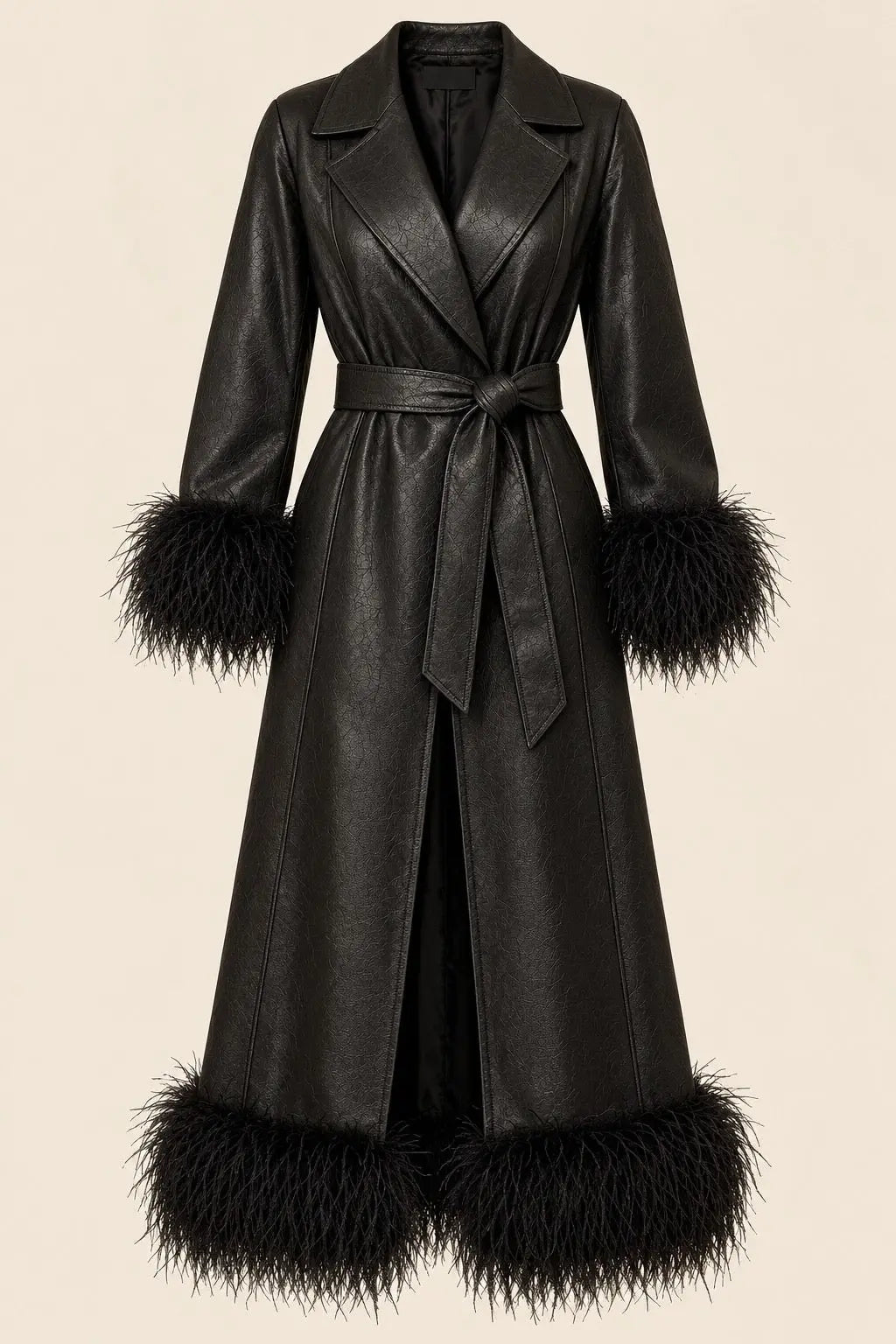 Black Textured Leather Trench Coat with Feather-Style Fur Trim
