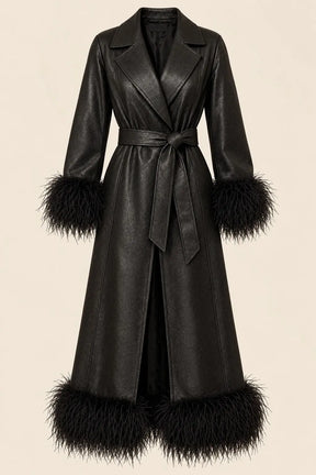 Black Textured Leather Trench Coat with Feather-Style Fur Trim