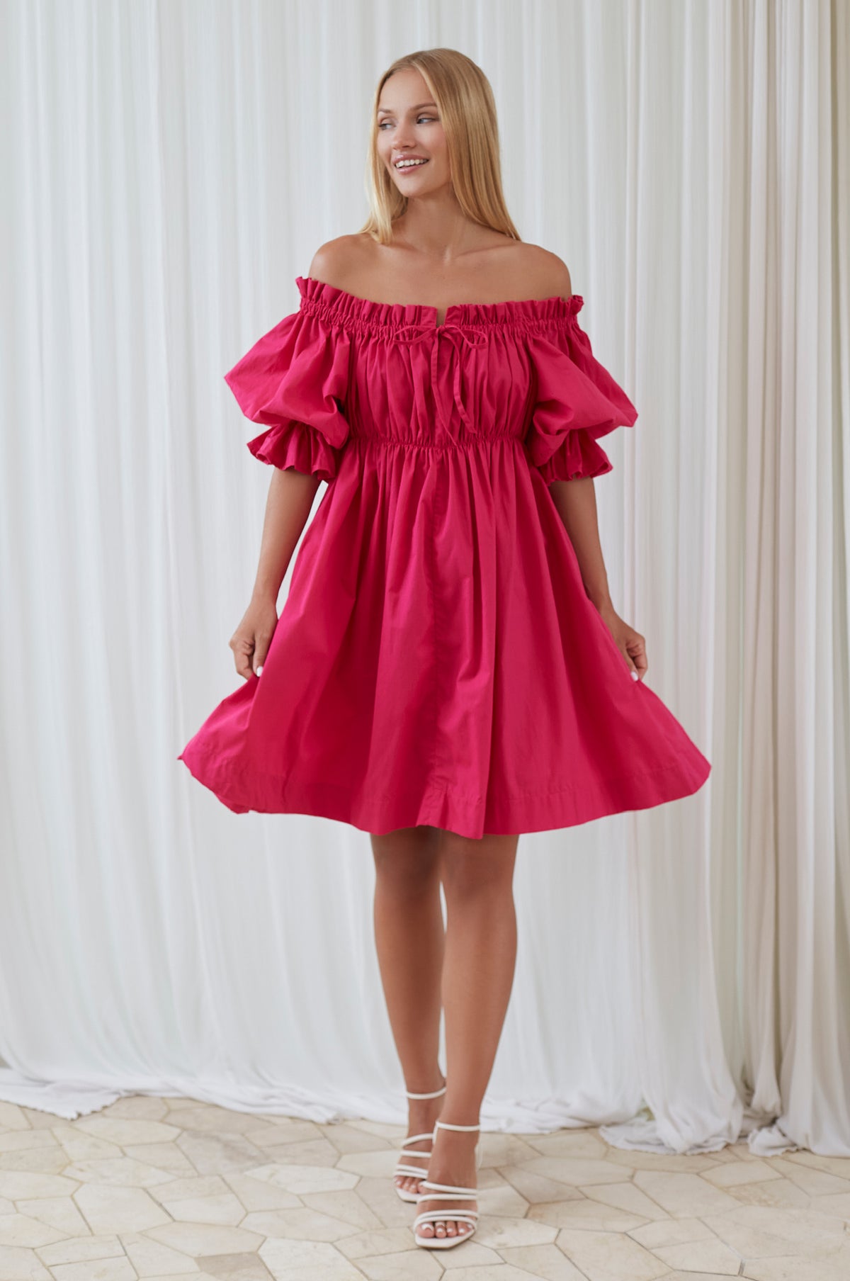 Vacay Off Shoulder Cotton Mini Dress - Fuchsia