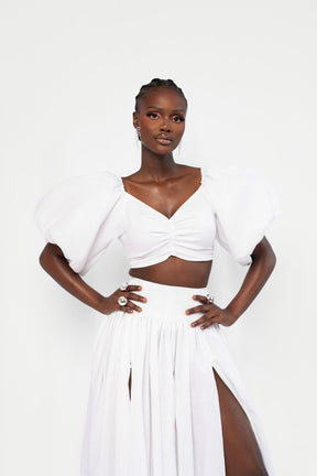 Linen SKYE Puffy Sleeve Crop Top in White
