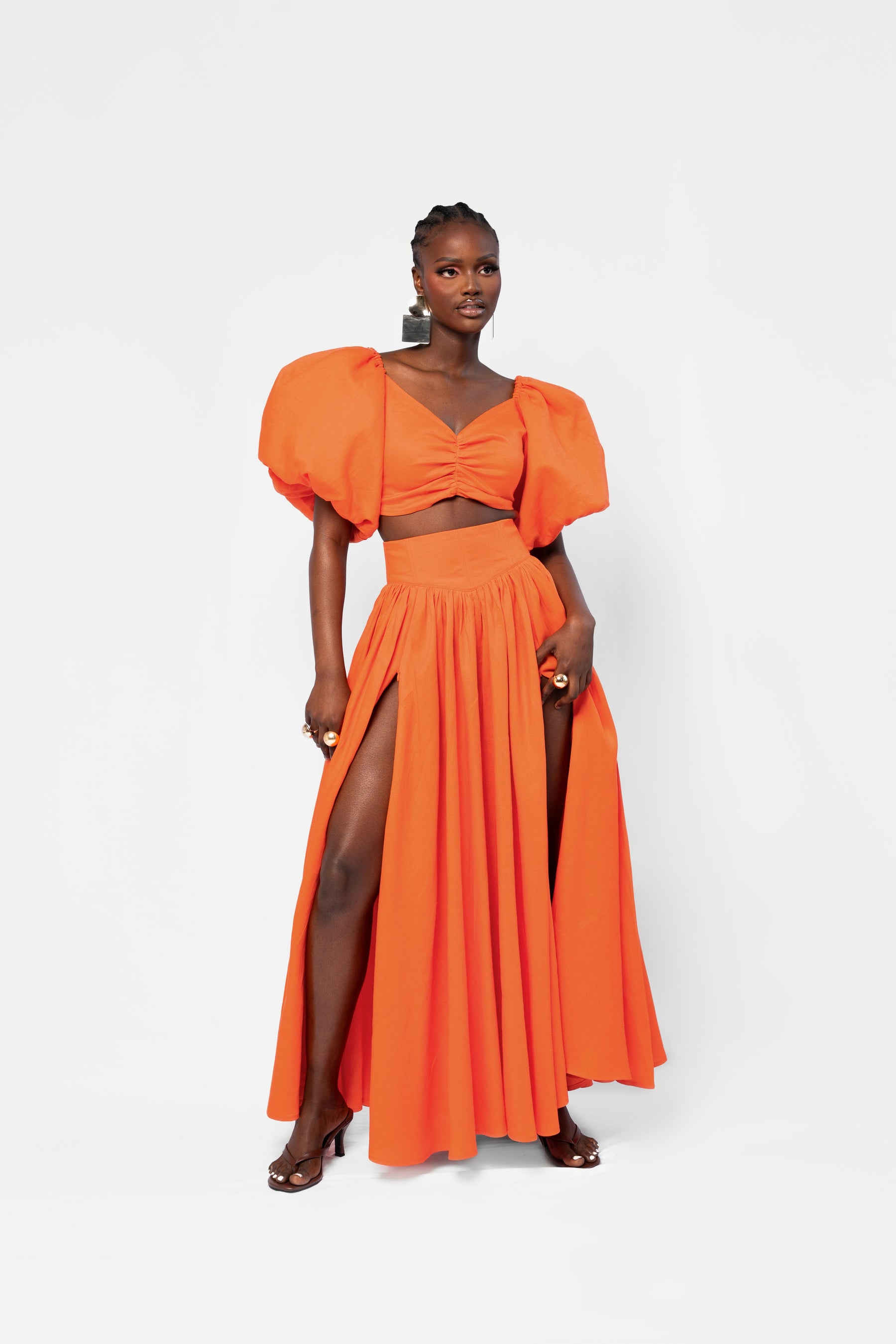 Linen SKYE Puffy Sleeve Crop Top in Orange