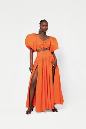 Linen SKYE Puffy Sleeve Crop Top in Orange