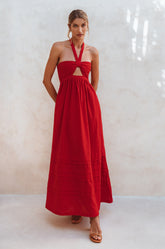 Penelope Halter Linen Maxi Dress - Red