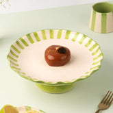 Ceramic Stripe Cake Stand, 10 x 10 x 3.75 Inches- Green