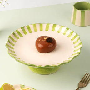 Ceramic Stripe Cake Stand, 10 x 10 x 3.75 Inches- Green