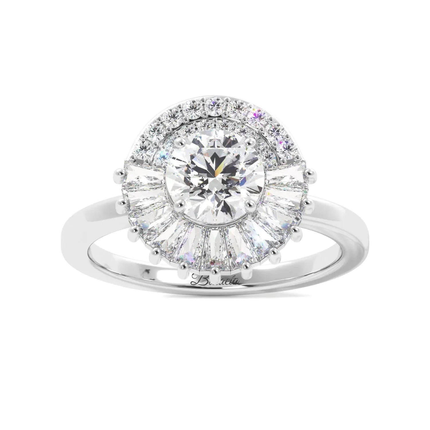 Round Tapered Baguette Halo Diamond Engagement Ring