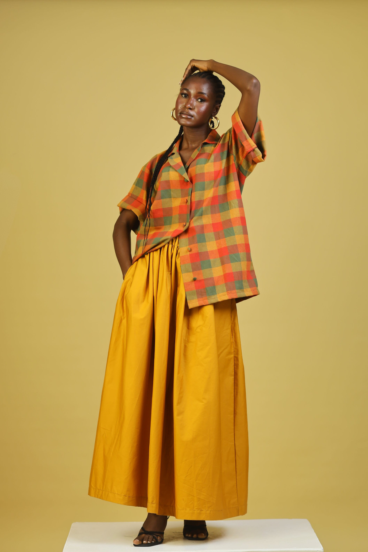 GINGHAM OVER SIZED COTTON SHIRT - MUSTARD YELLOW