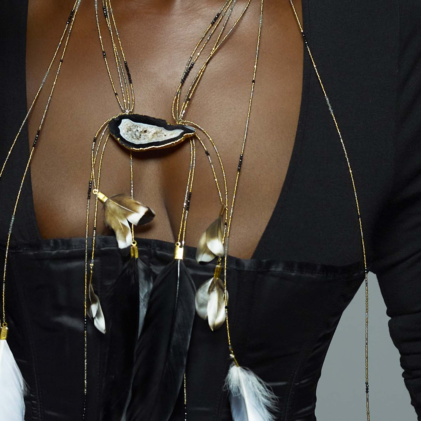 Aruna 24K Gold Agate Feather Cascade Necklace