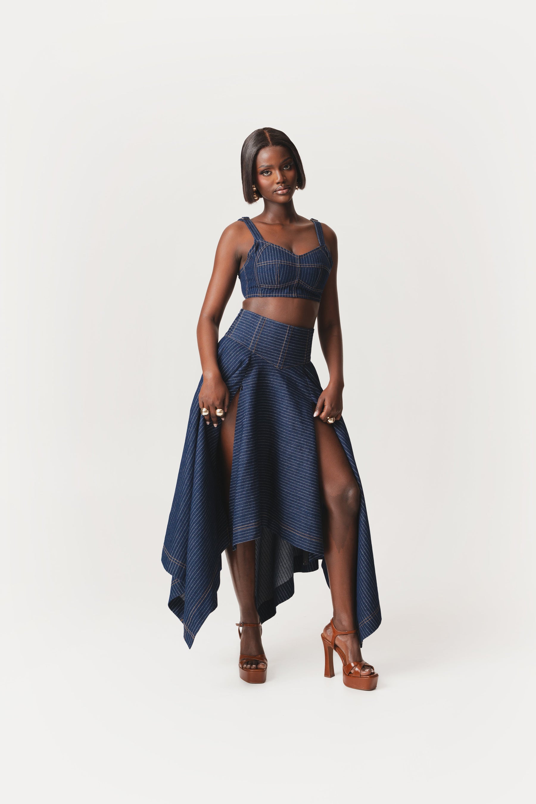 Denim Pinstripe ABI Corset Handkerchief Skirt