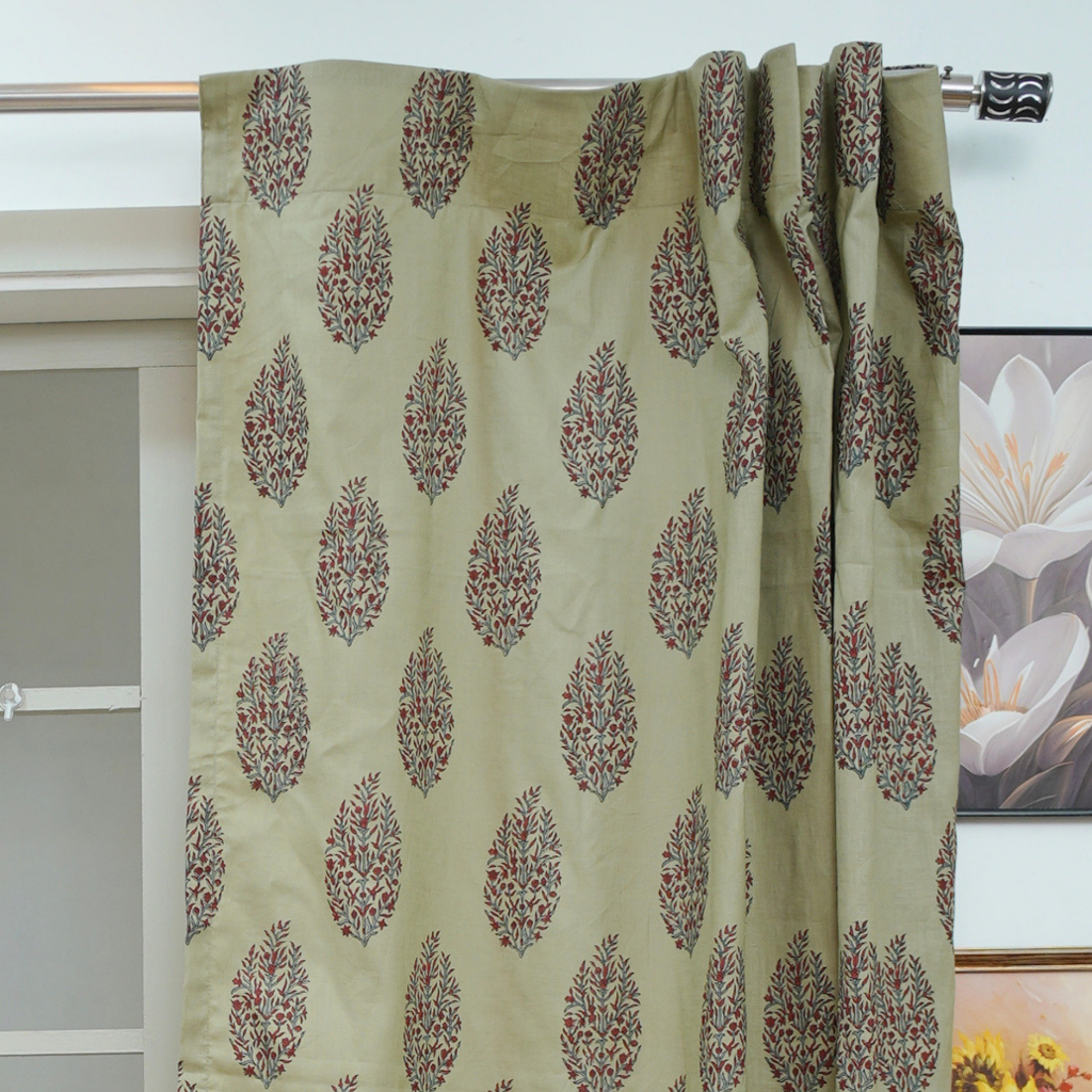 Red Gray Floral Block Print Linen Curtain Handmade Boho Light Filter Panel - Vatika