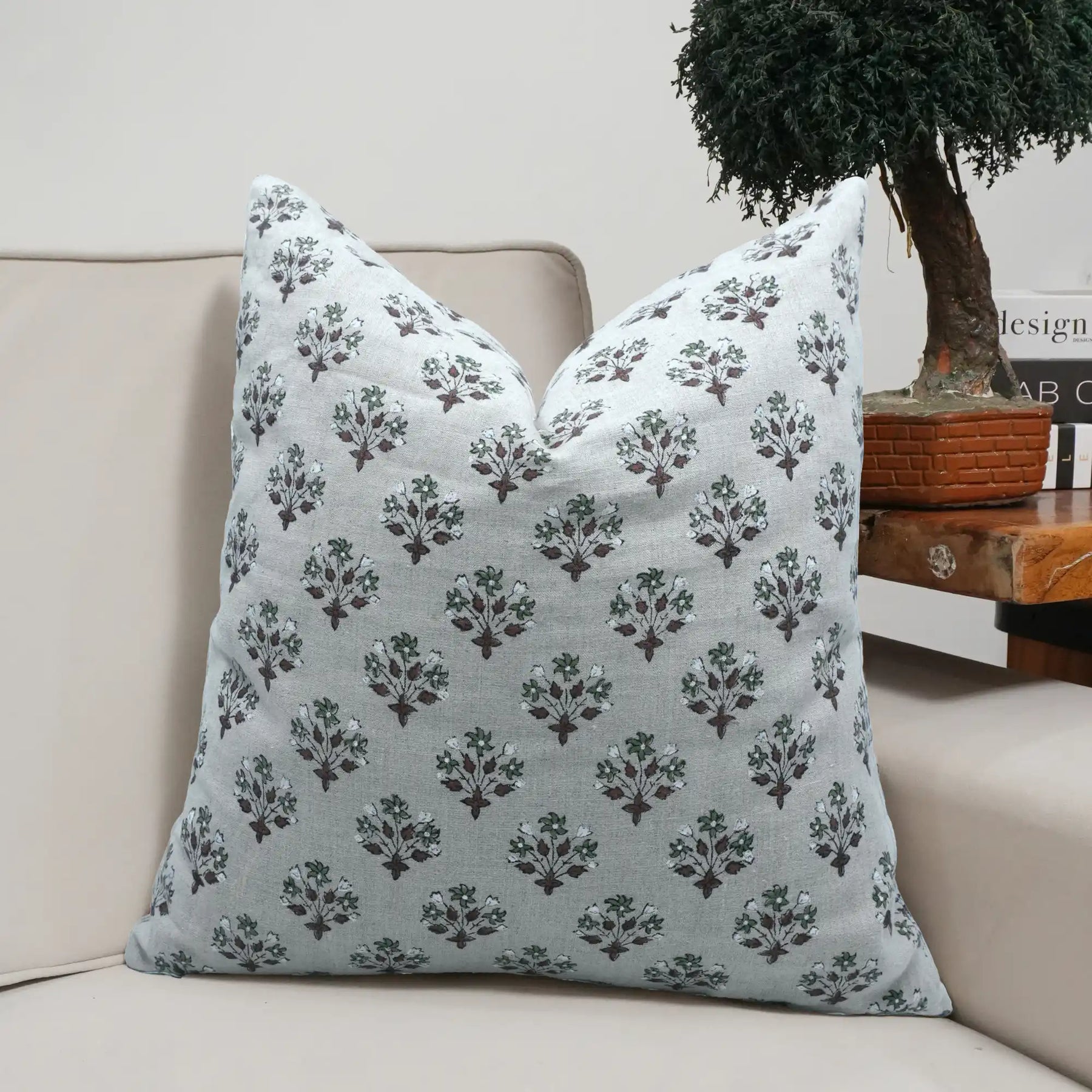 Boho Flower Hand Block Print Pure Linen Pillow Cover - Diwali Flower